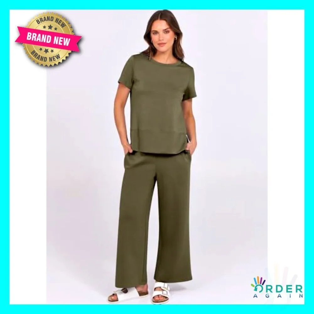 Two Piece Lounge Set Loose Fit Wide Leg Tracksuit Summer Travel Casual Outfit